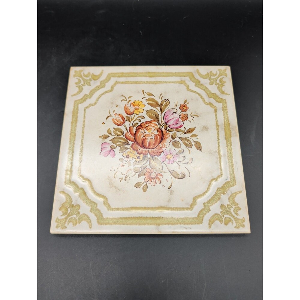 Vintage Victorian Style Floral Ceramic Tile Trivet Embossed Gold Border Hot Pad